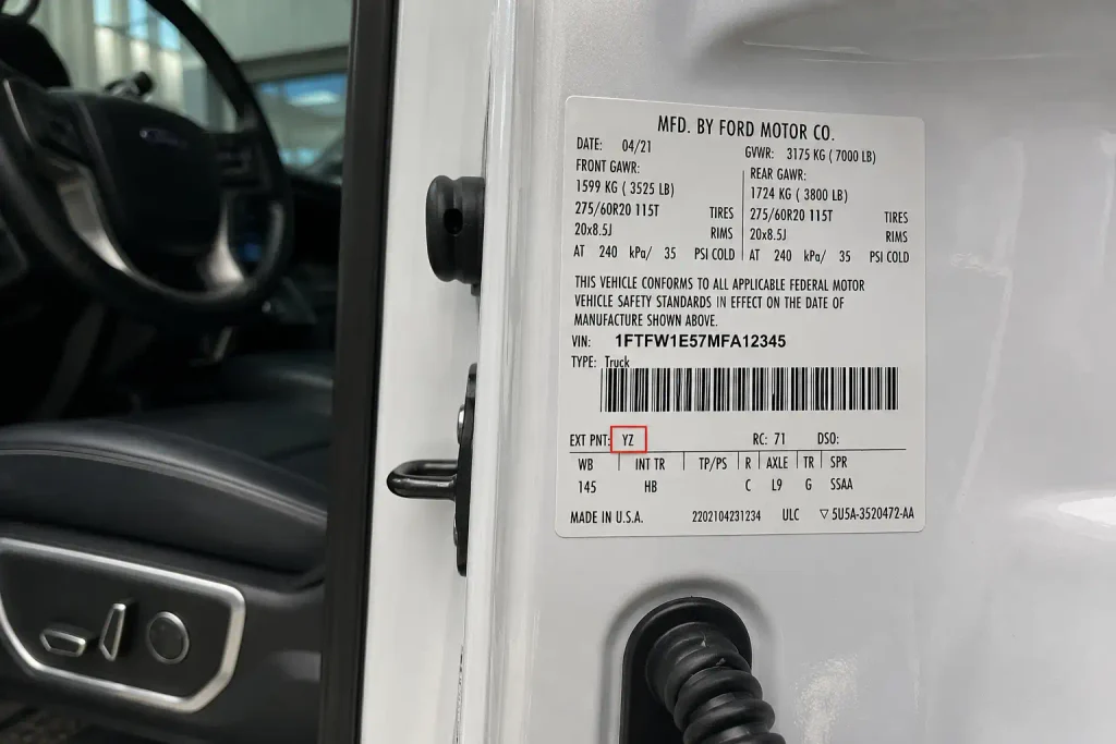 Ford paint code YZ door label showing EXT PNT location