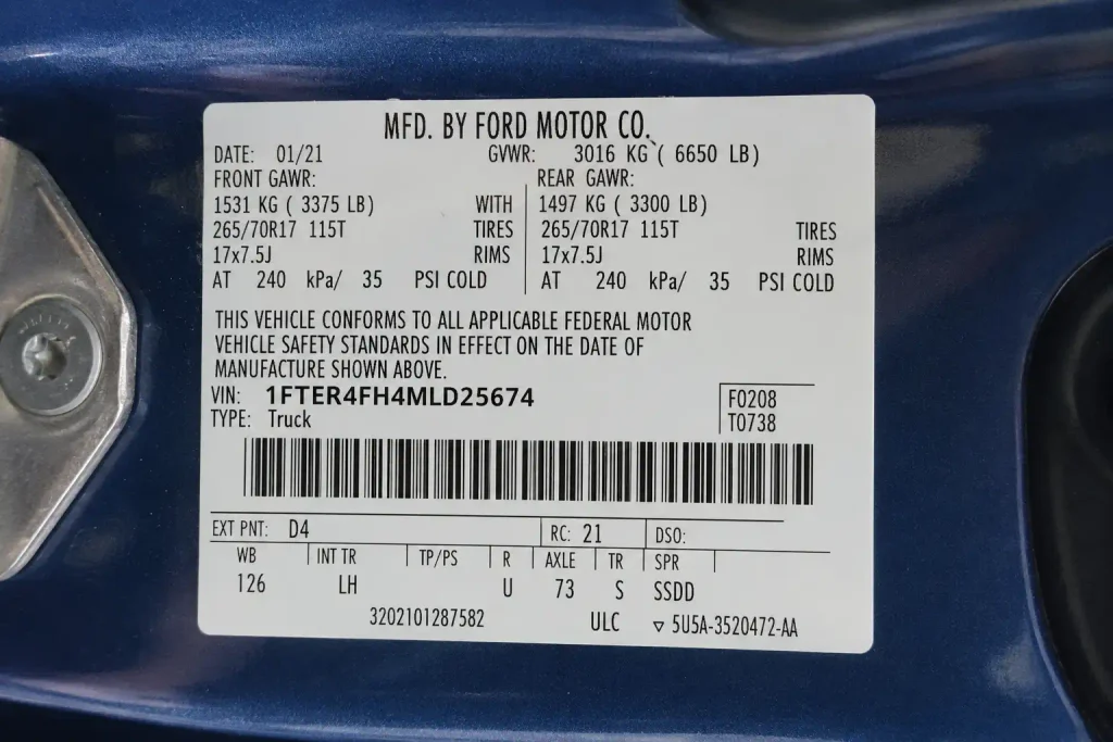 Ford door jamb sticker showing EXT PNT paint code label