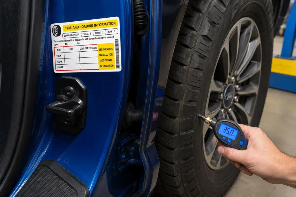 Ford Tire Pressure Chart by Model and Tire Size 2026 3 Ford door tire pressure label showing where to verify cold PSI