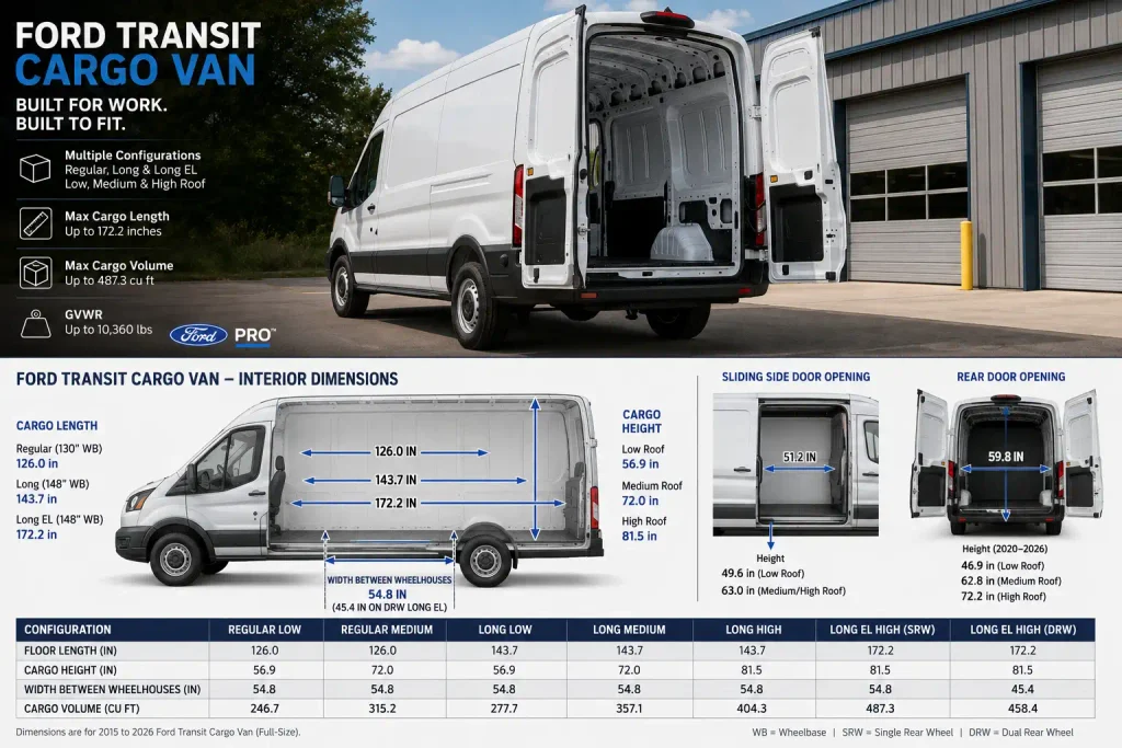 Ford Transit Cargo Dimensions Chart by Year 2015 to 2026 2 Ford Transit cargo dimensions chart showing high roof cargo van