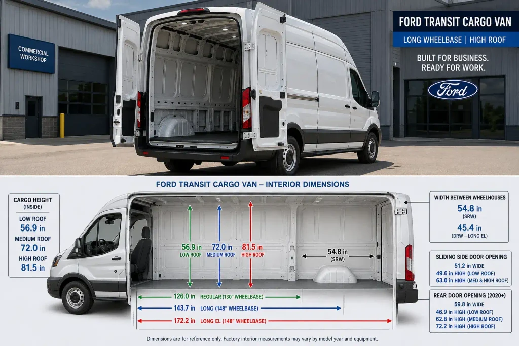 Ford Transit Cargo Dimensions Chart by Year 2015 to 2026 3 Ford Transit interior dimensions showing cargo length height and width