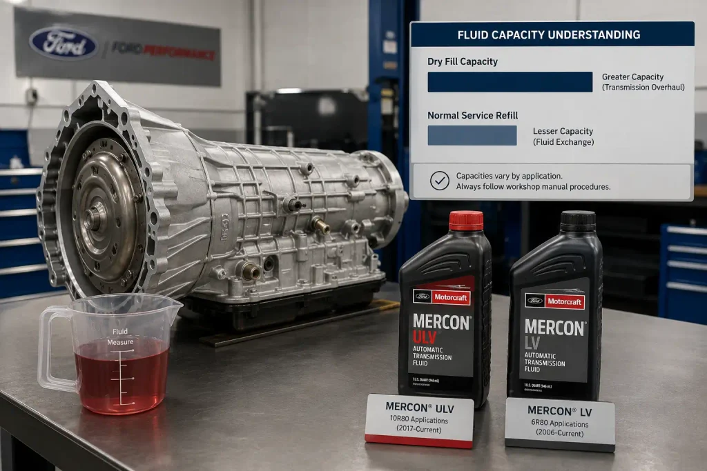 Ford transmission fluid capacity visual showing dry fill and service refill difference