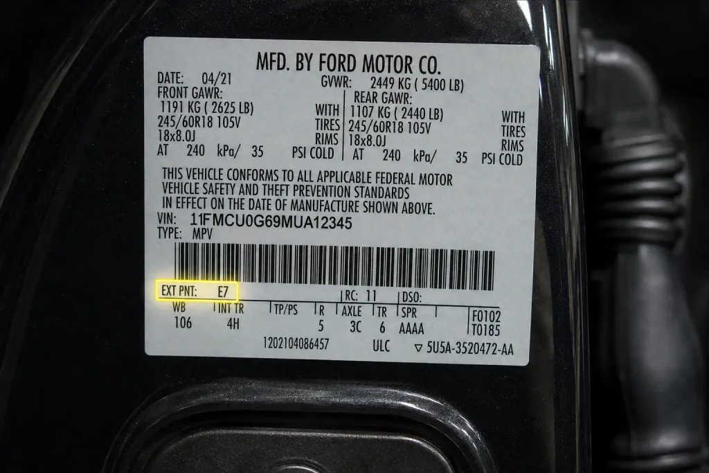 Ford Velocity Blue Paint Code E7: Models and Years 2026 3 Ford door jamb EXT PNT label showing Velocity Blue E7 code