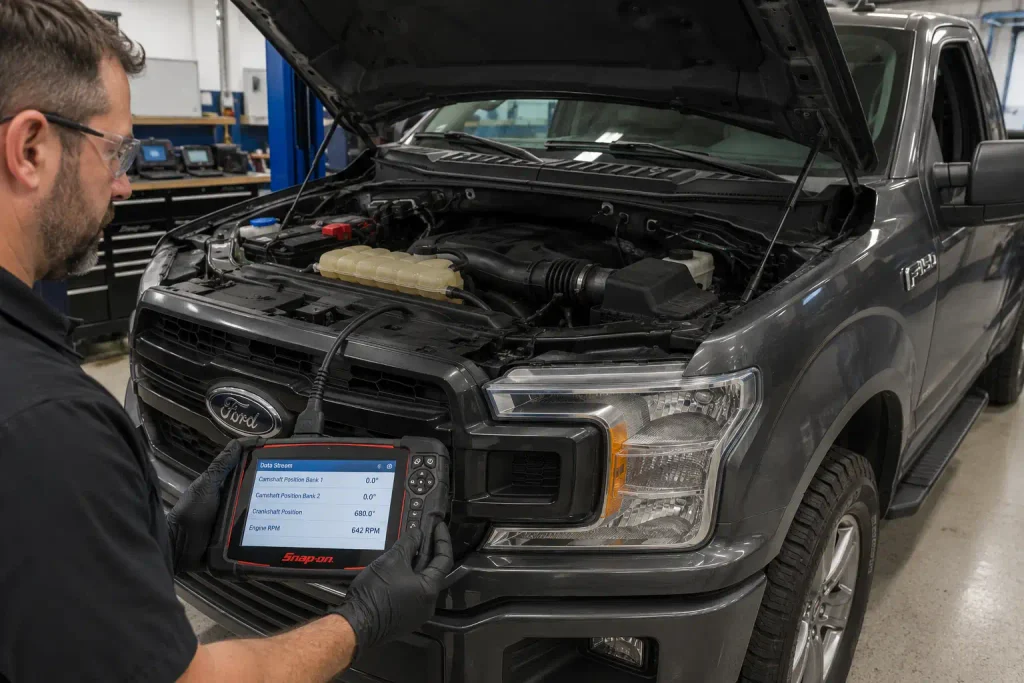 Ford F-150 P0016 code diagnosis using OBD-II scan tool