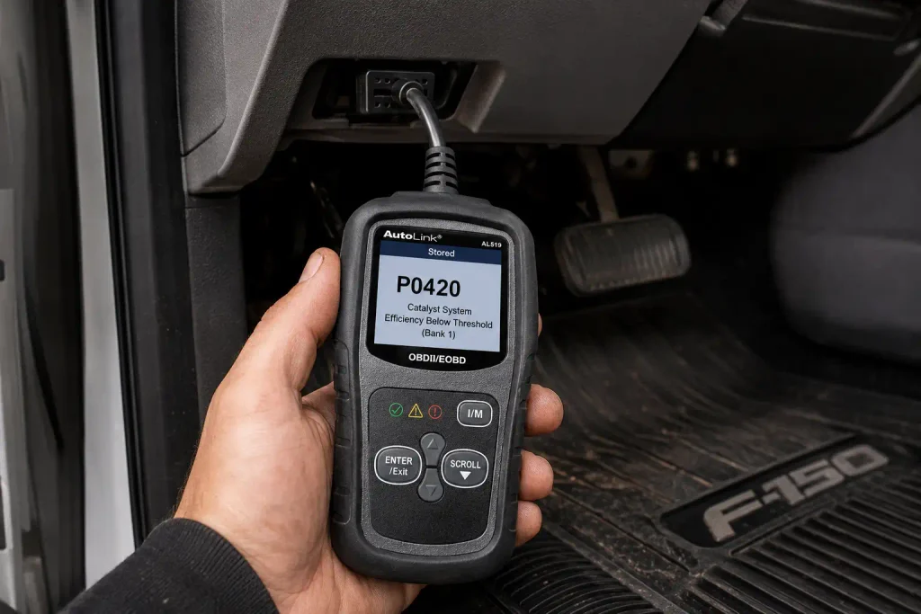 OBD-II scanner reading P0420 code on Ford F-150