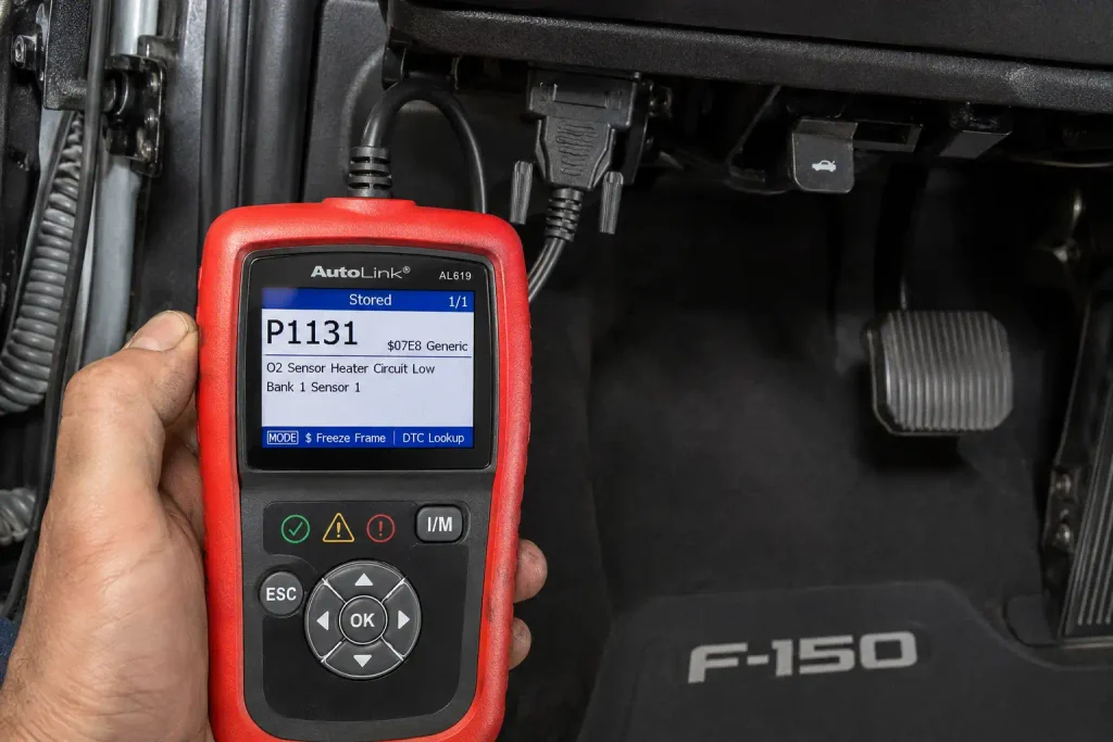 Ford F-150 P1131 Code: Causes, Fix, Guide 2026 3 OBD2 scanner reading P1131 code on Ford F150