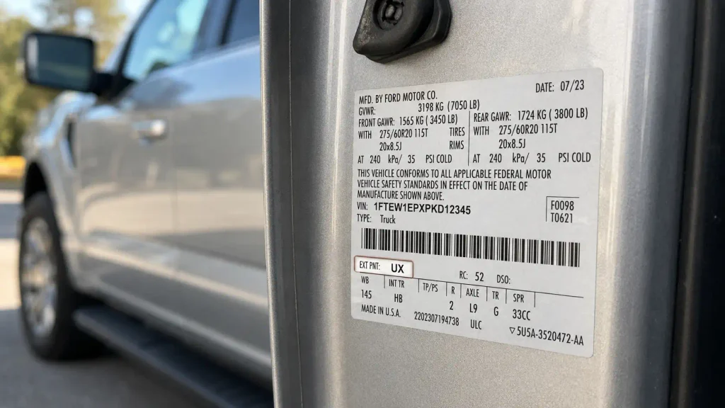 Ford door jamb sticker showing UX paint code label