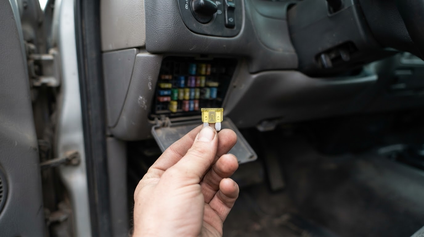 a single yellow 20A ATO blade fuse held between finger and thumb, pulled from a truck fuse panel, panel blurred behind