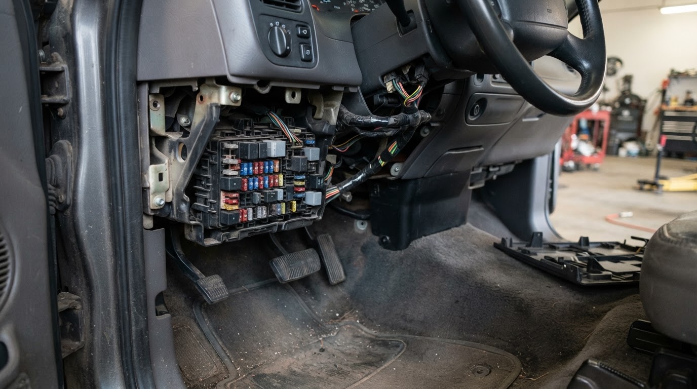 the driver side footwell of a 2001 Ford F-150 with the kick panel cover removed below and left of the steering wheel, beside the brake pedal, revealing the fuse panel