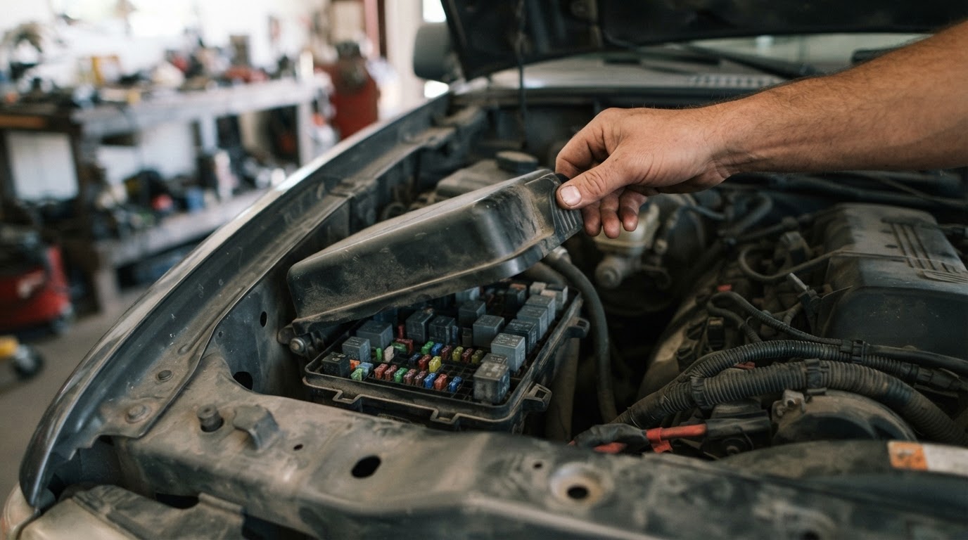 2001 Ford Ranger Fuse Box Diagram: Every Fuse and Amp Rating 3 a technician's hand lifting the black plastic power distribution box cover in the engine bay of a compact pickup truck, positioned on the driver's side near the front fender and firewall