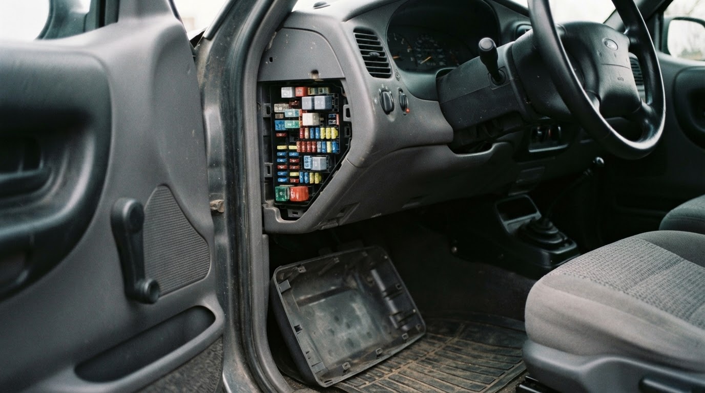 2001 Ford Ranger Fuse Box Diagram: Every Fuse and Amp Rating 2 the driver's side of the instrument panel inside a 2001 Ford Ranger with the end cap fuse panel cover removed at the left end of the dash, revealing a numbered fuse panel