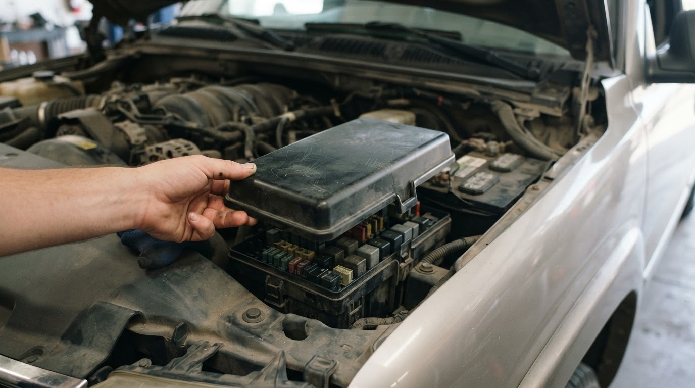 a technician's hand lifting the black plastic engine bay power distribution box cover beside the truck battery under the hood, no visible legible text or numbers