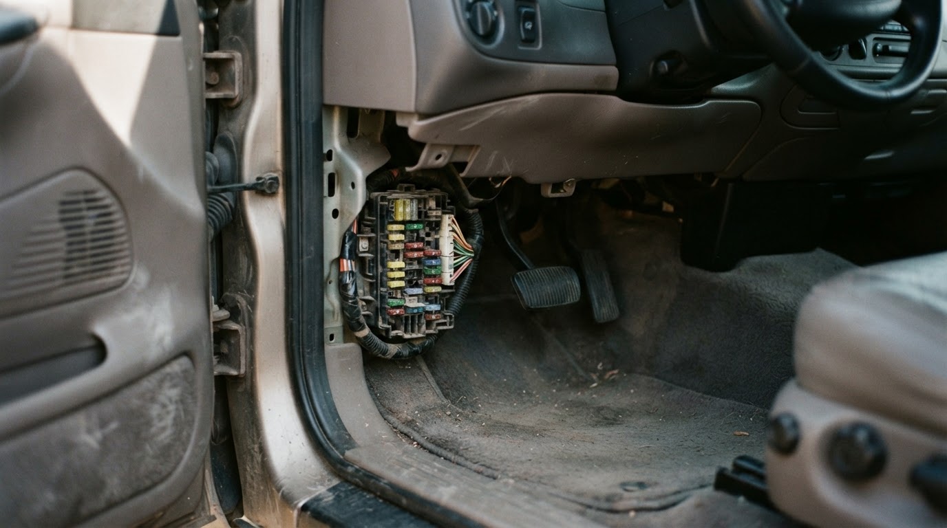 the driver side footwell of a 2002 Ford F-150 with the kick panel cover removed below and left of the steering wheel, beside the brake pedal, revealing a fuse panel, no visible legible text or numbers on the fuses