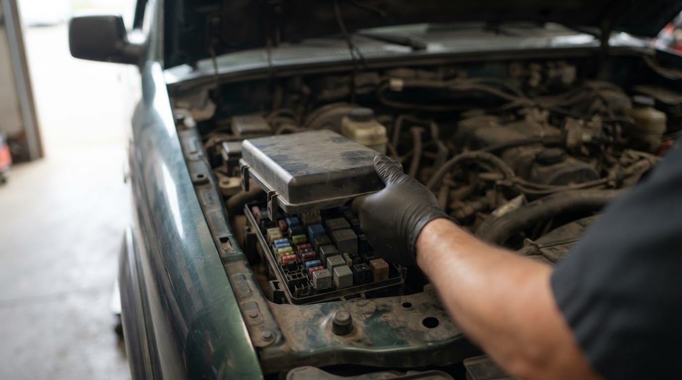 a technician's hand lifting the black plastic power distribution box cover in the engine bay of a compact pickup truck, positioned on the driver's side near the front fender and firewall
