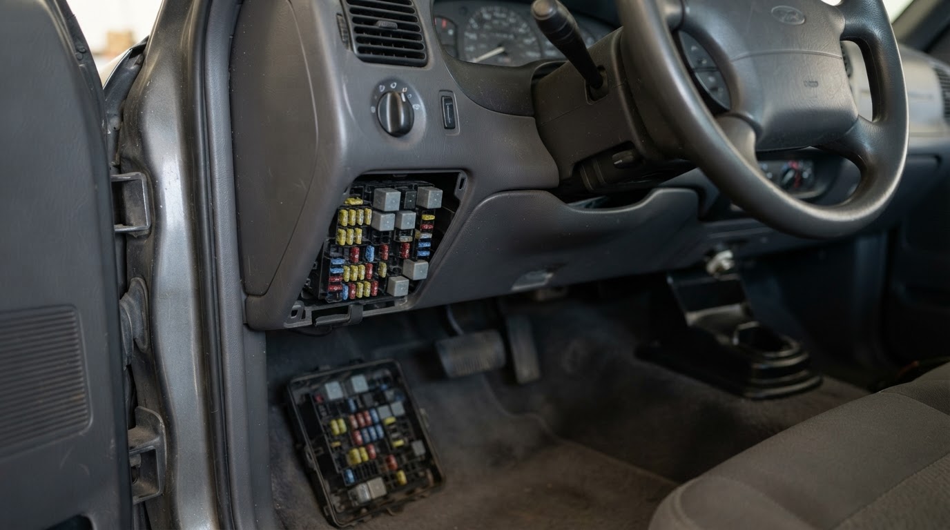 the driver's side of the instrument panel inside a 2002 Ford Ranger with the end cap fuse panel cover removed at the left end of the dash, revealing a numbered fuse panel