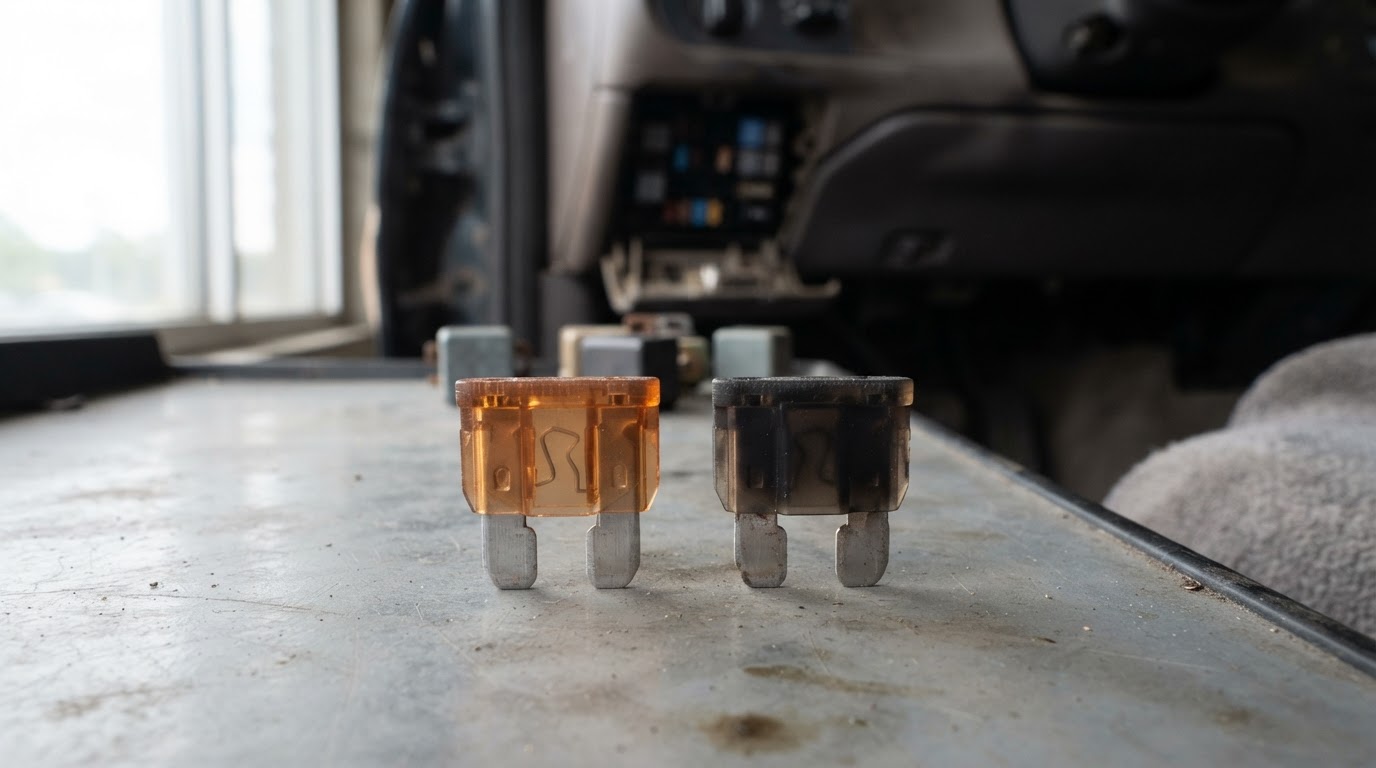 2003 Ford F-150 Fuse Box Diagram: Every Fuse, Both Boxes, Full Charts 5 Two automotive blade fuses side by side, the left intact with an unbroken element, the right blown with a darkened window