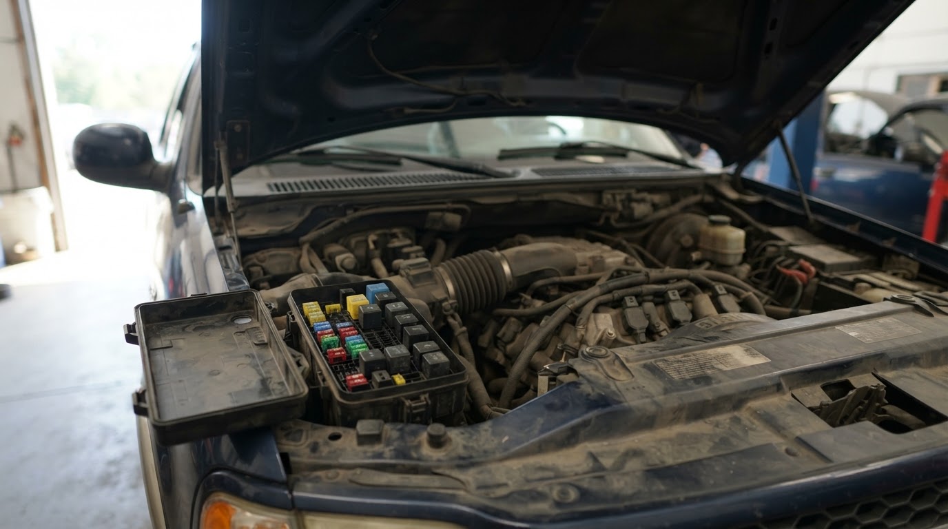 2003 Ford F-150 Fuse Box Diagram: Every Fuse, Both Boxes, Full Charts 4 2003 Ford F-150 engine compartment with the power distribution box lid removed on the left inner fender