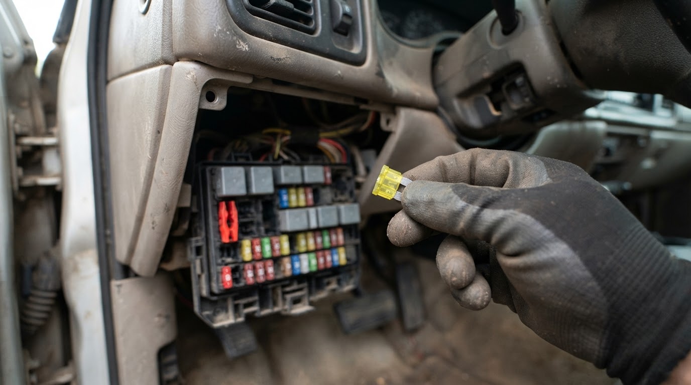 2003 Ford F-150 Fuse Box Diagram: Every Fuse, Both Boxes, Full Charts 6 A yellow 20A automotive blade fuse held between finger and thumb after being pulled from a truck fuse panel