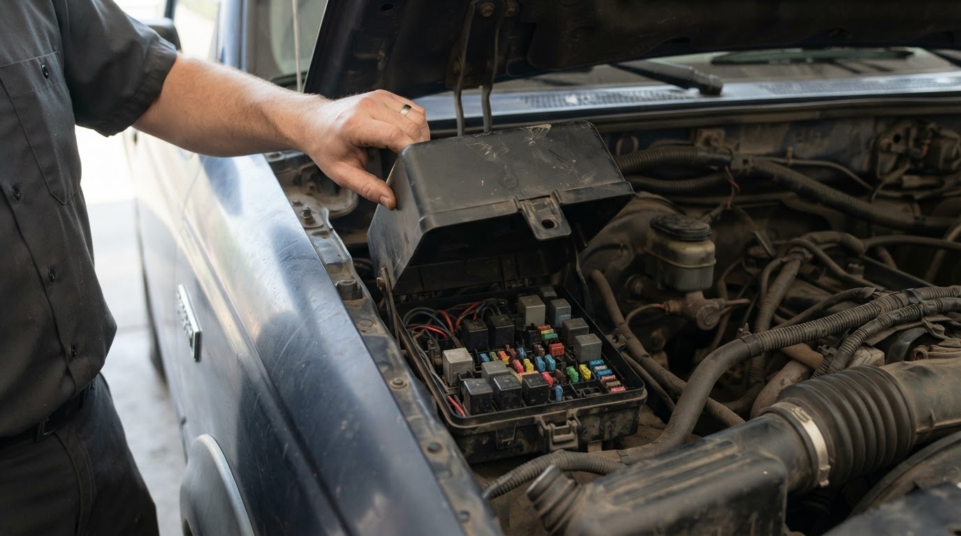 a technician's hand lifting the black plastic power distribution box cover in the engine bay of a compact pickup truck, positioned on the driver's side near the front fender and firewall