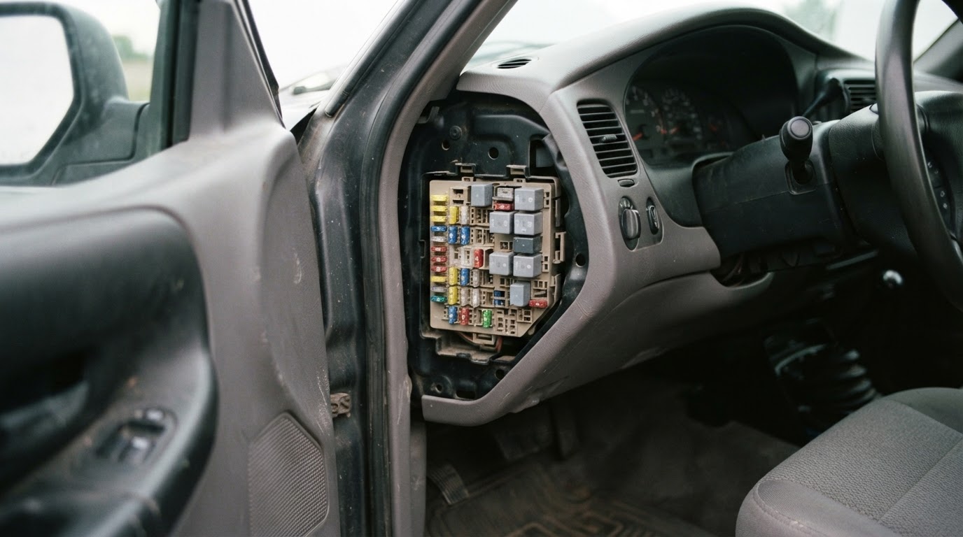 the driver's side end of the instrument panel inside a 2004 Ford Ranger with the fuse panel access door removed, revealing a numbered fuse panel