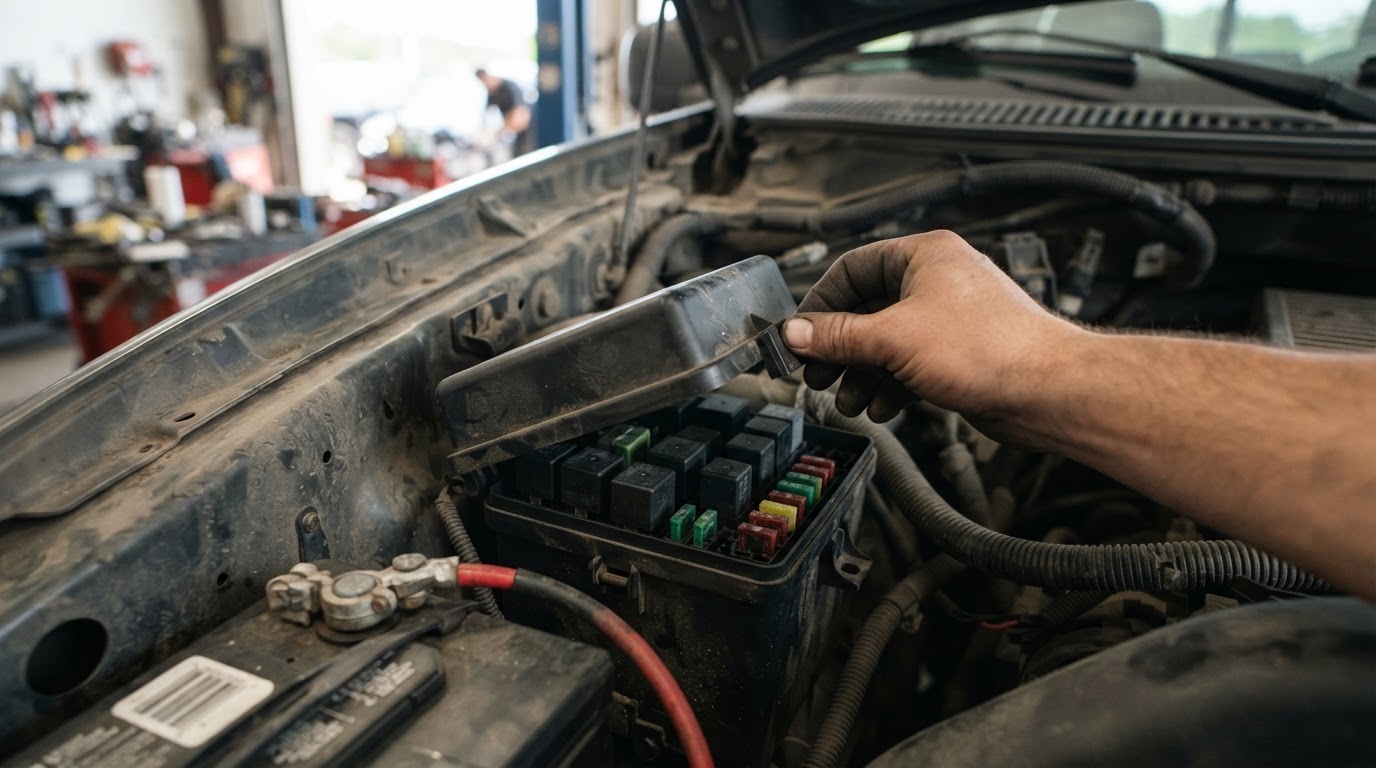 a technician lifting the small auxiliary relay box cover in the engine bay on the left fender of a pickup truck, battery visible nearby