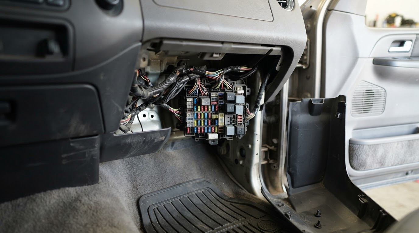 the passenger side footwell of a 2005 Ford F-150 with the kick panel cover removed on the right side of the instrument panel, revealing the fuse panel behind it