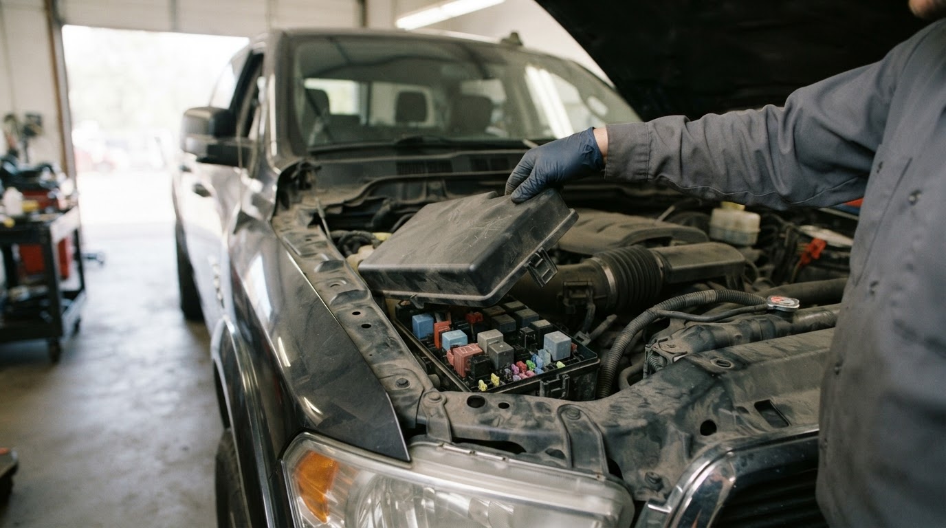 a technician's hand lifting the black plastic engine bay power distribution box cover above the radiator under the hood of a pickup truck, no visible legible text or numbers