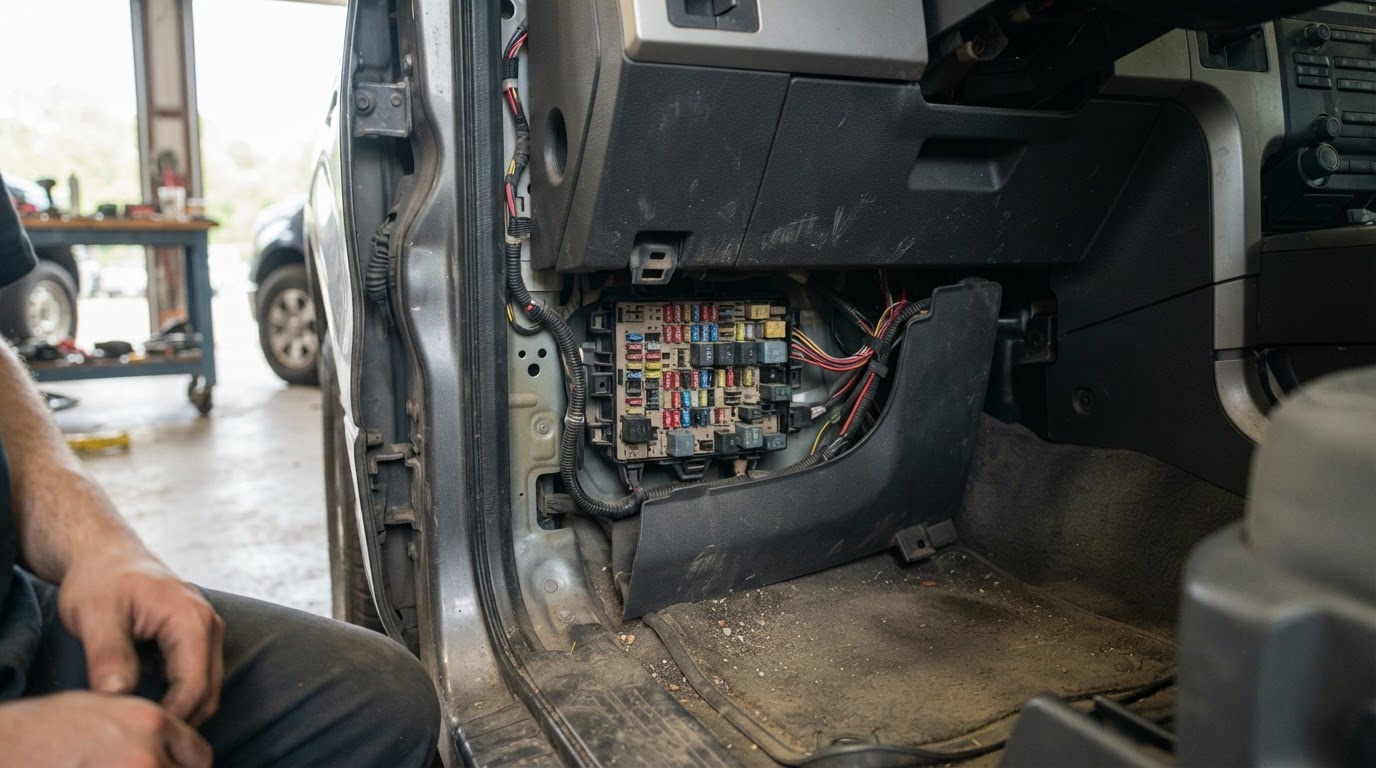 the passenger side footwell of a 2010 Ford F-150 with the kick panel cover removed, revealing a fuse panel, no visible legible text or numbers on the fuses