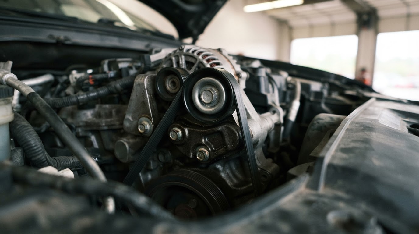 2010 Ford Fusion Serpentine Belt Diagram: Routing and Tensioner Specs by Engine 3 close-up of an automatic serpentine belt tensioner pulley and spring-loaded arm on a 2010 Ford Fusion engine, ribbed belt wrapped around it