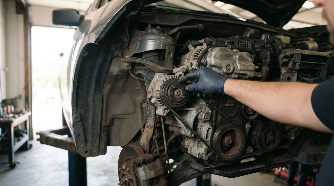2010 Ford Fusion Serpentine Belt Diagram: Routing and Tensioner Specs by Engine 4 mechanic's gloved hand reaching into the front passenger wheel well of a 2010 Ford Fusion with the wheel and splash shield removed, reaching toward the engine accessory belt area