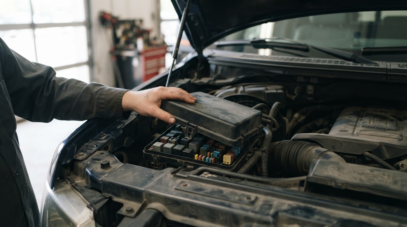 2011 Ford F-150 Fuse Box Diagram: Cabin and Under-Hood Charts 4 a technician's hand lifting the black plastic engine bay power distribution box cover above the radiator under the hood of a pickup truck, no visible legible text or numbers