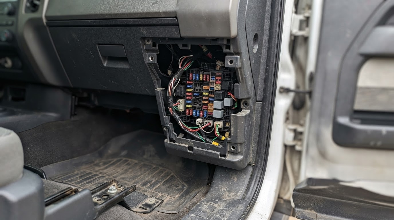 2011 Ford F-150 Fuse Box Diagram: Cabin and Under-Hood Charts 2 the passenger side footwell of a 2011 Ford F-150 with the kick panel cover removed, revealing a fuse panel, no visible legible text or numbers on the fuses