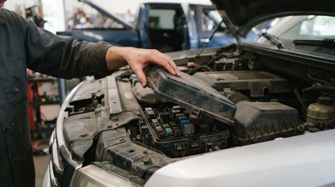 a technician's hand lifting the black plastic engine bay power distribution box cover above the radiator under the hood of a full size pickup truck, no visible legible text or numbers