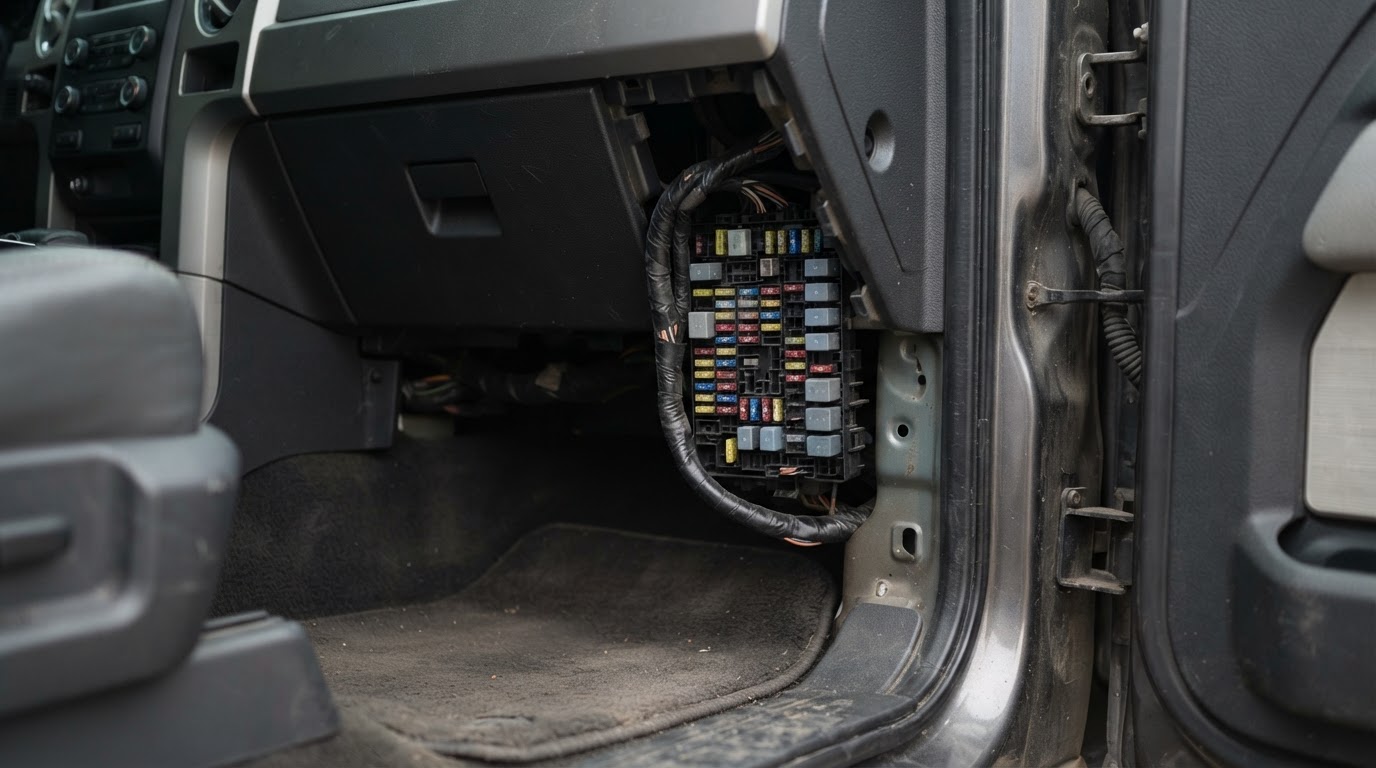 the passenger side footwell of a 2012 Ford F-150 with the kick panel cover removed, right of the steering wheel, revealing a fuse panel, no visible legible text or numbers on the fuses