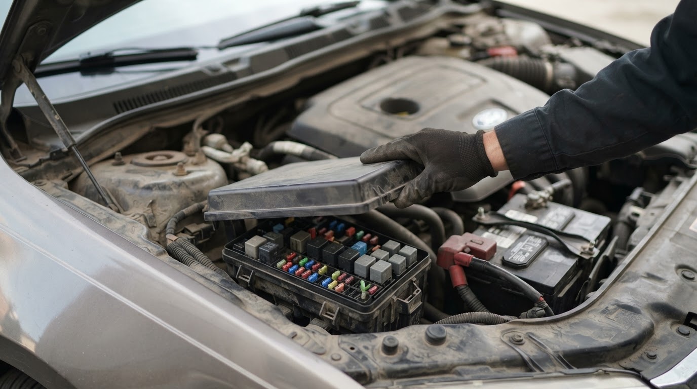 a technician's hand lifting the cover off the power distribution box in the engine bay of a 2012 Ford Fusion, next to the battery