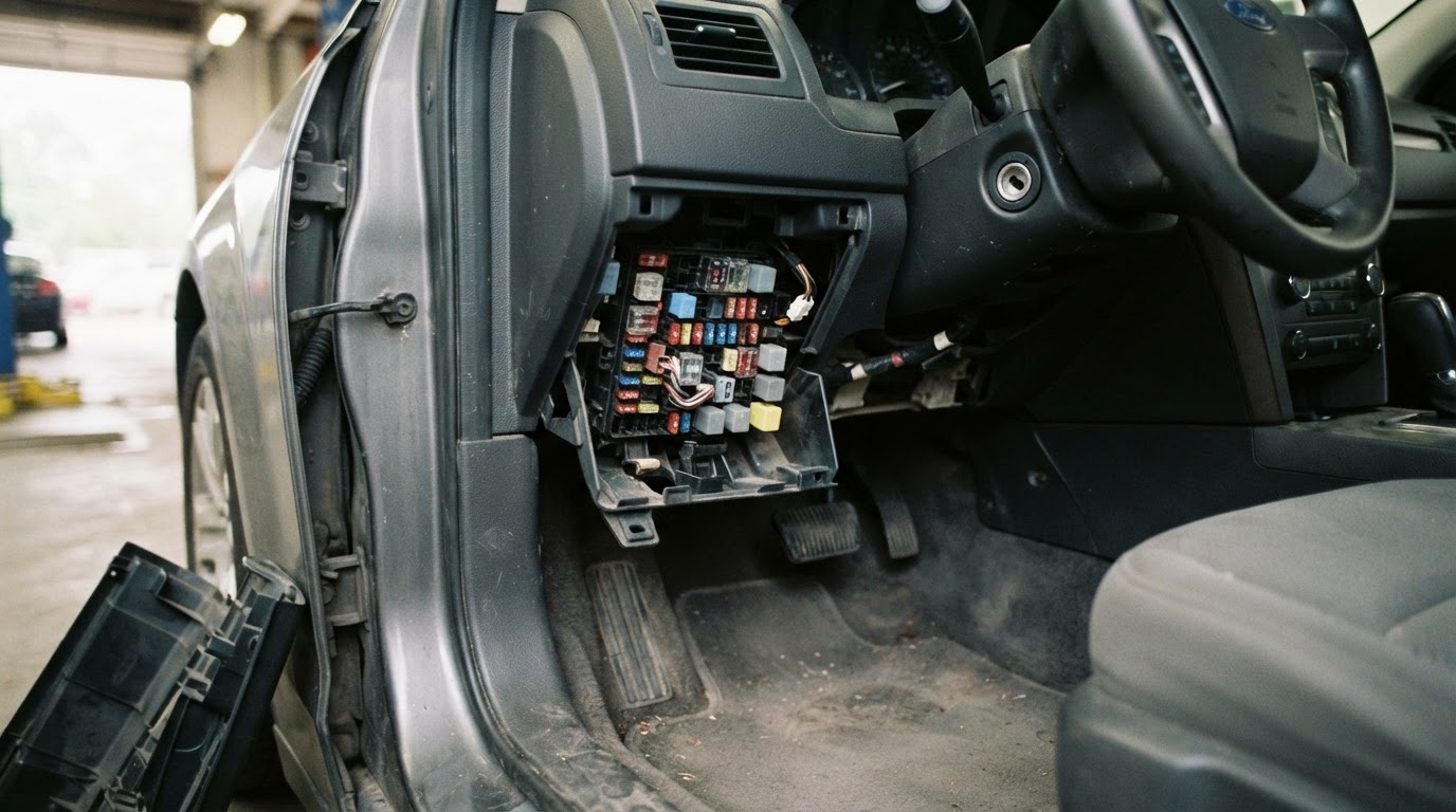 the driver side footwell of a 2012 Ford Fusion with the fuse panel cover removed, below and left of the steering wheel, beside the brake pedal