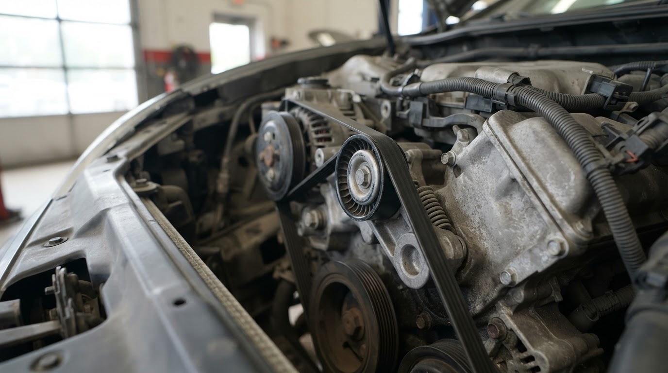 close-up of an automatic serpentine belt tensioner pulley and spring-loaded arm on a 2012 Ford Fusion engine, ribbed belt wrapped around it