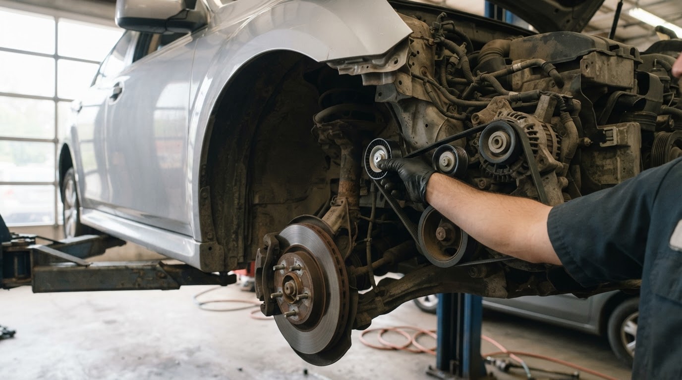 mechanic's gloved hand reaching into the front passenger wheel well of a mid-size sedan with the wheel and splash shield removed, reaching toward the engine accessory belt area