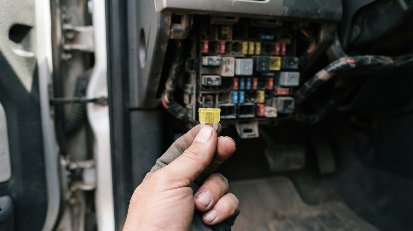 a single yellow 20A automotive blade fuse held between finger and thumb, pulled from a truck fuse panel