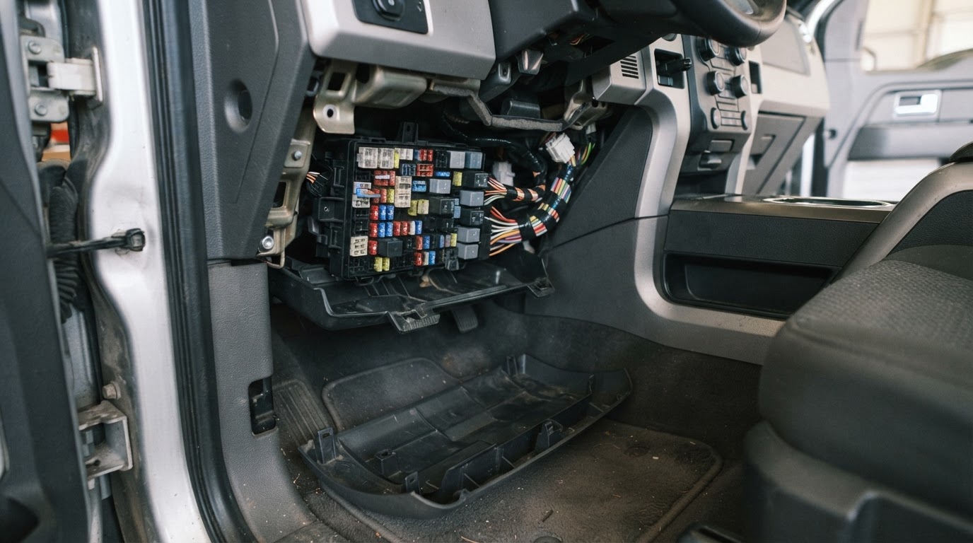 the passenger side footwell of a 2013 Ford F-150 with the kick panel cover removed below and right of the steering wheel, revealing a fuse panel