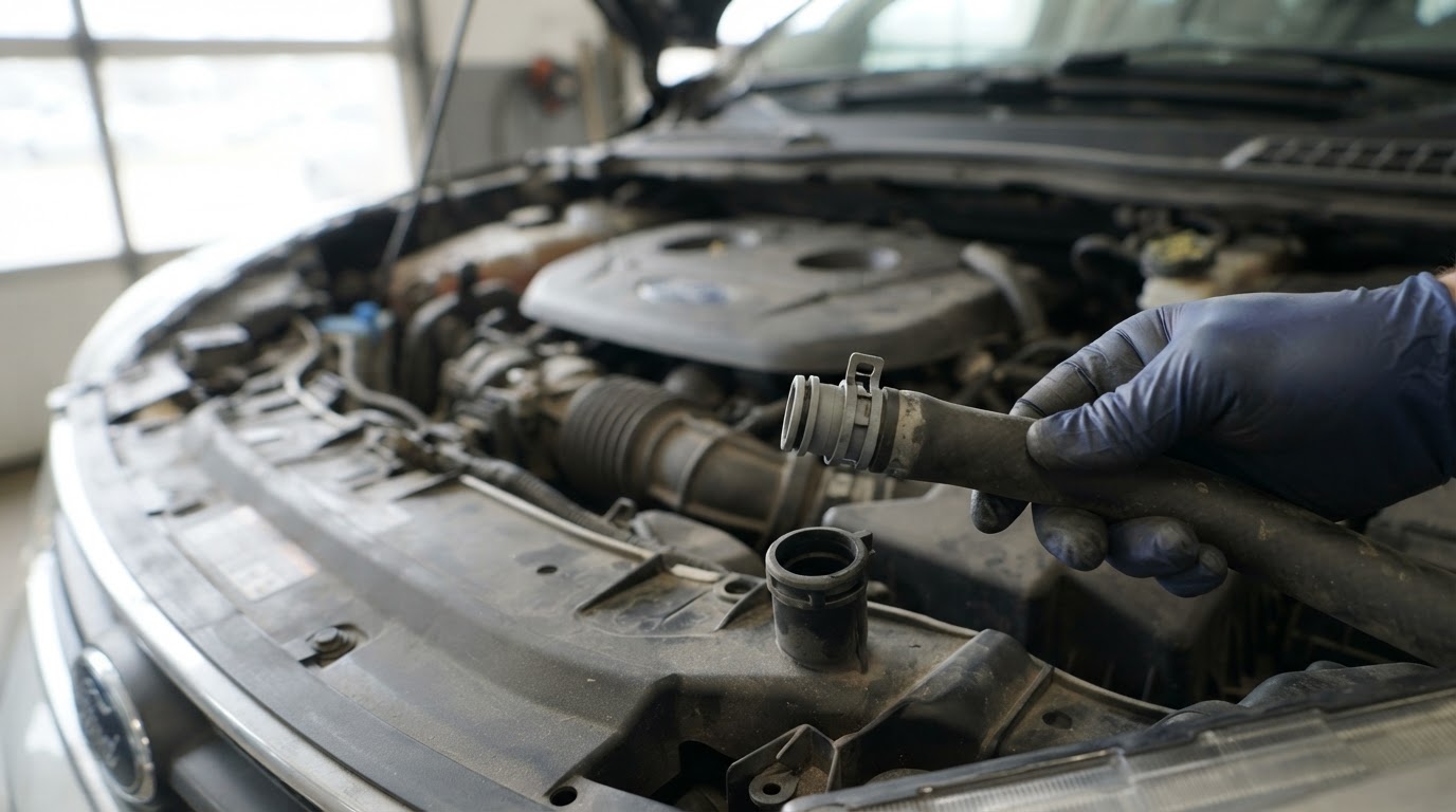 2014 Ford Escape Coolant Hose Diagram: Routing and Part Numbers 4 a gloved hand holding a black rubber radiator hose with a quick-connect fitting at one end, disconnected from a compact SUV radiator, engine bay blurred behind