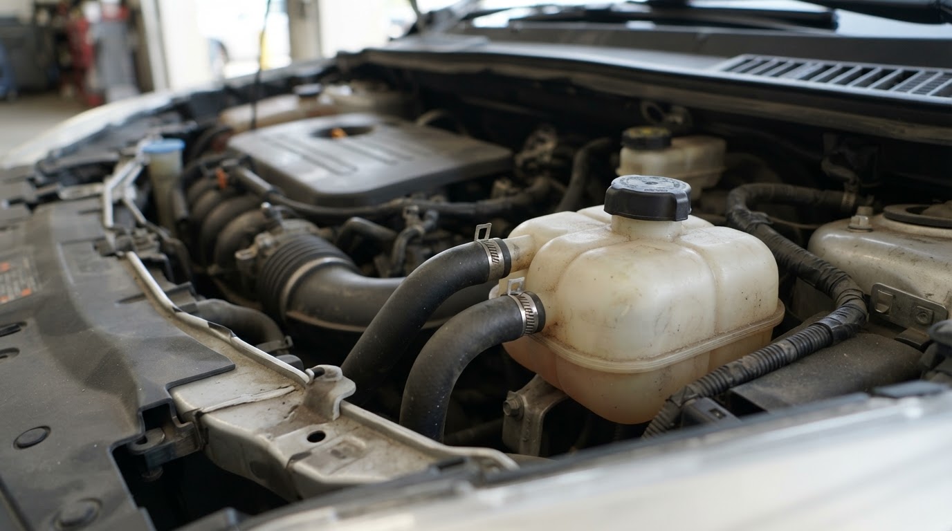2014 Ford Escape Coolant Hose Diagram: Routing and Part Numbers 2 the white translucent coolant reservoir bottle and its hose connections on the passenger side of a compact SUV engine bay, engine bay daylight