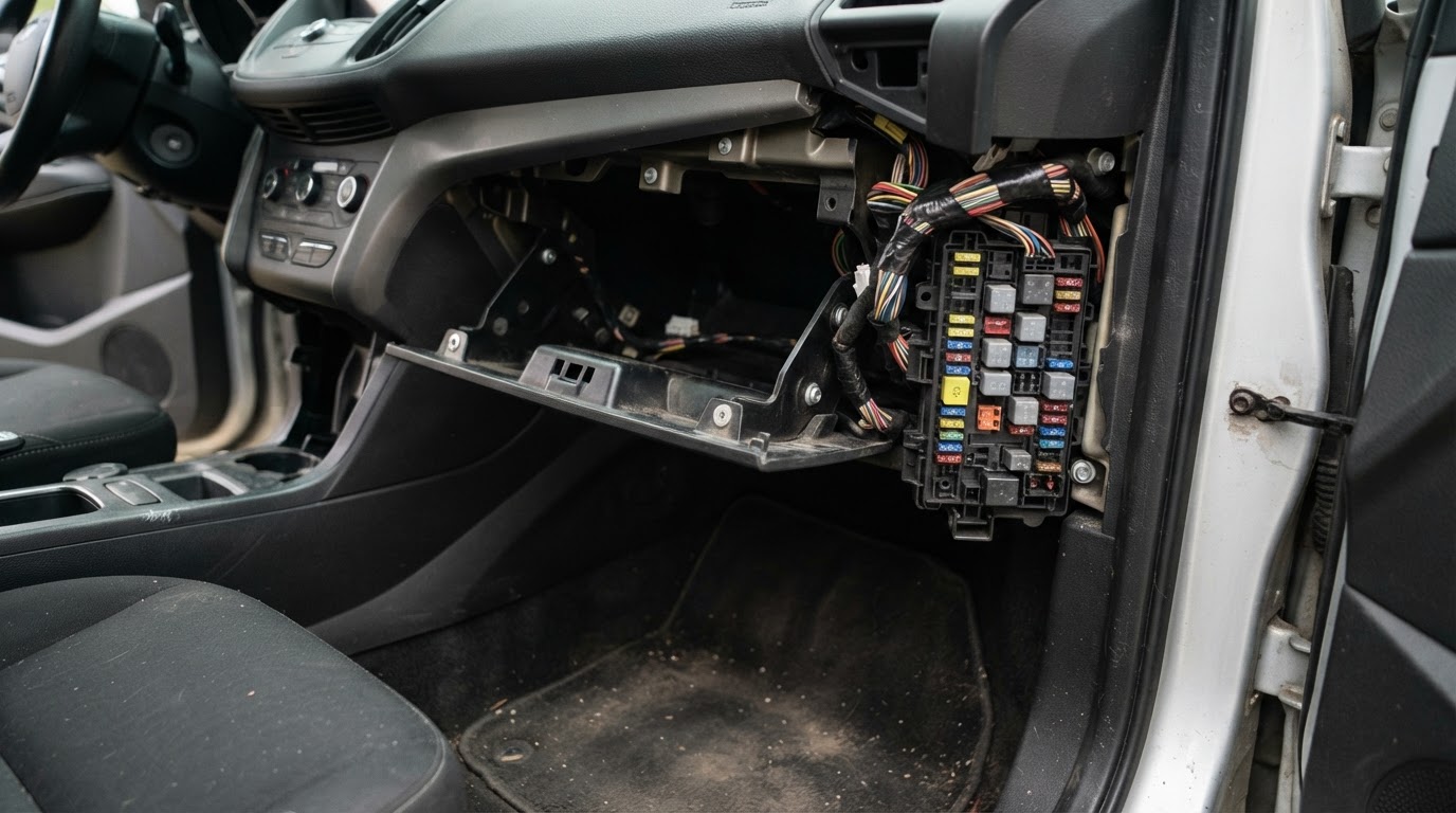 the passenger footwell of a Ford Escape compact SUV with the glove box removed, revealing a fuse panel on the right side