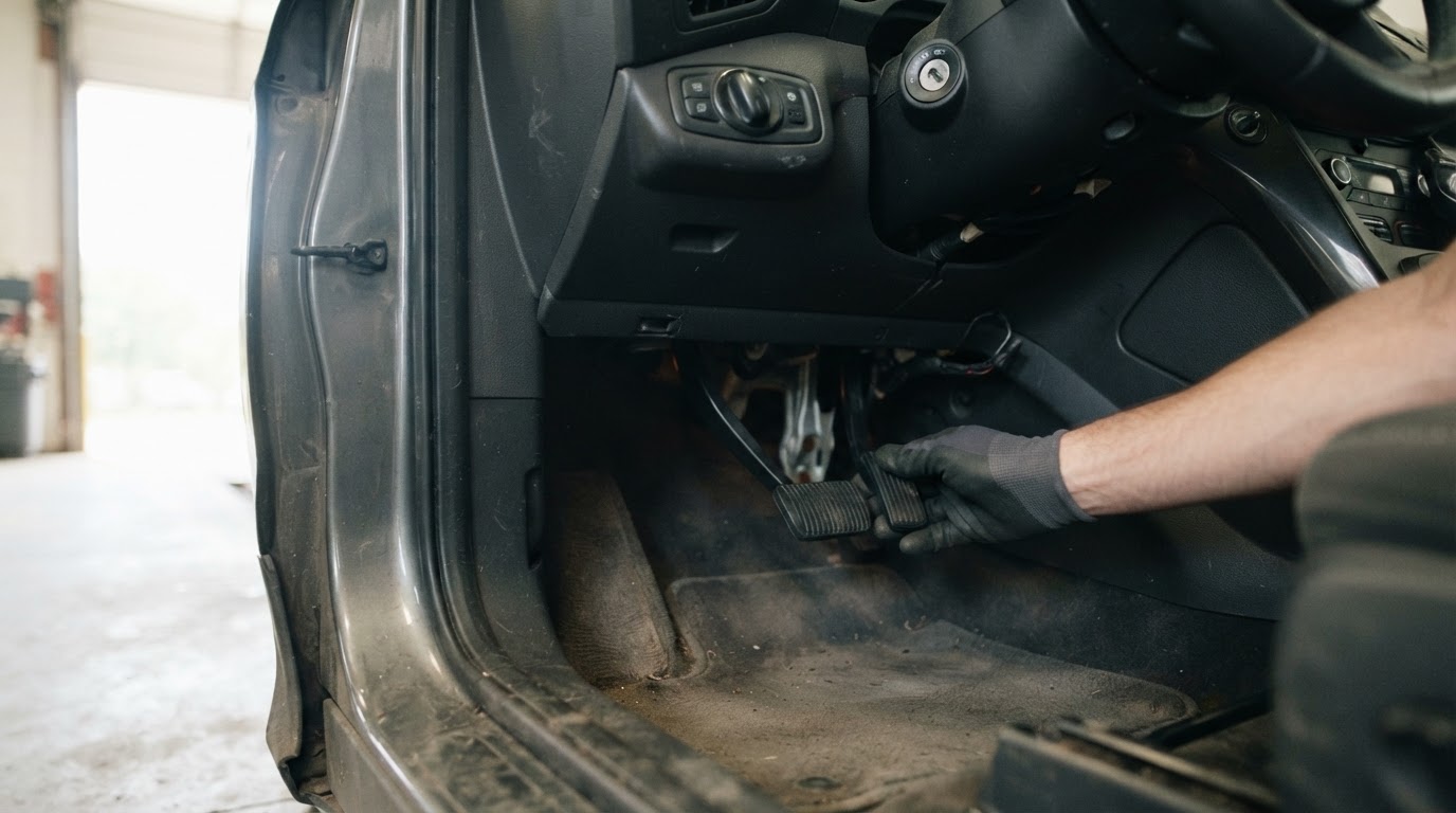 2014 Ford Escape Oil Reset: The Steps Ford's Manual Won't Link 4 the driver footwell of a 2014 Ford Escape with a hand pressing the brake pedal and the accelerator pedal together, ignition switch visible nearby, engine off