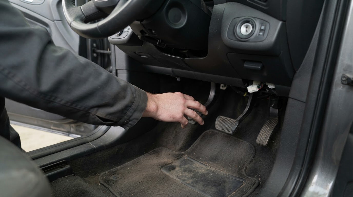 the driver footwell of a 2015 Ford Escape with a hand pressing the brake pedal and the accelerator pedal together, ignition switch visible nearby, engine off
