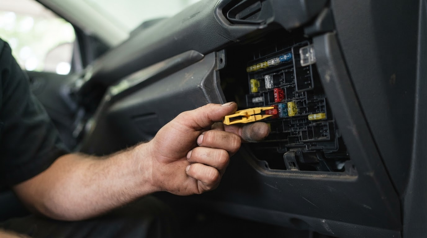 a close up of a technician's hand pulling a mini automotive fuse from a fuse panel with a plastic fuse puller tool, panel blurred behind