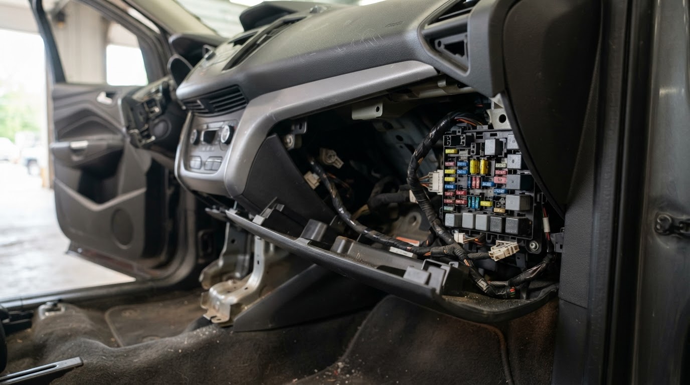 the passenger footwell of a Ford Escape compact SUV with the glove box removed, revealing a fuse panel on the right side