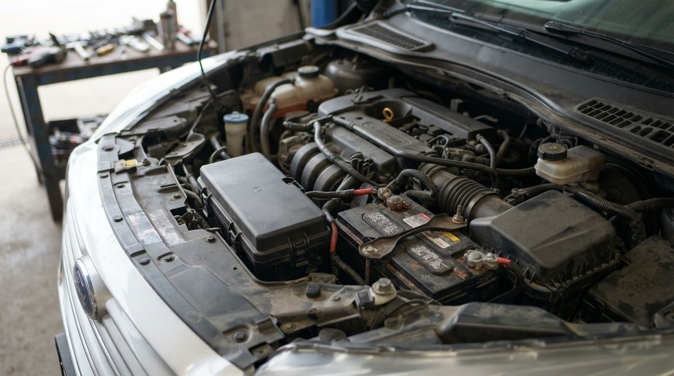 the engine compartment of a 2018 Ford Escape compact SUV with the power distribution box cover visible near the battery on the left side of the engine bay