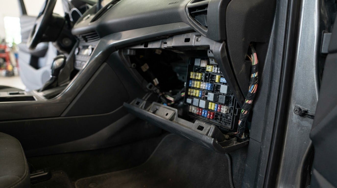 the passenger footwell of a 2018 Ford Escape compact SUV with the glove box removed, revealing a fuse panel on the right side below the glove box opening