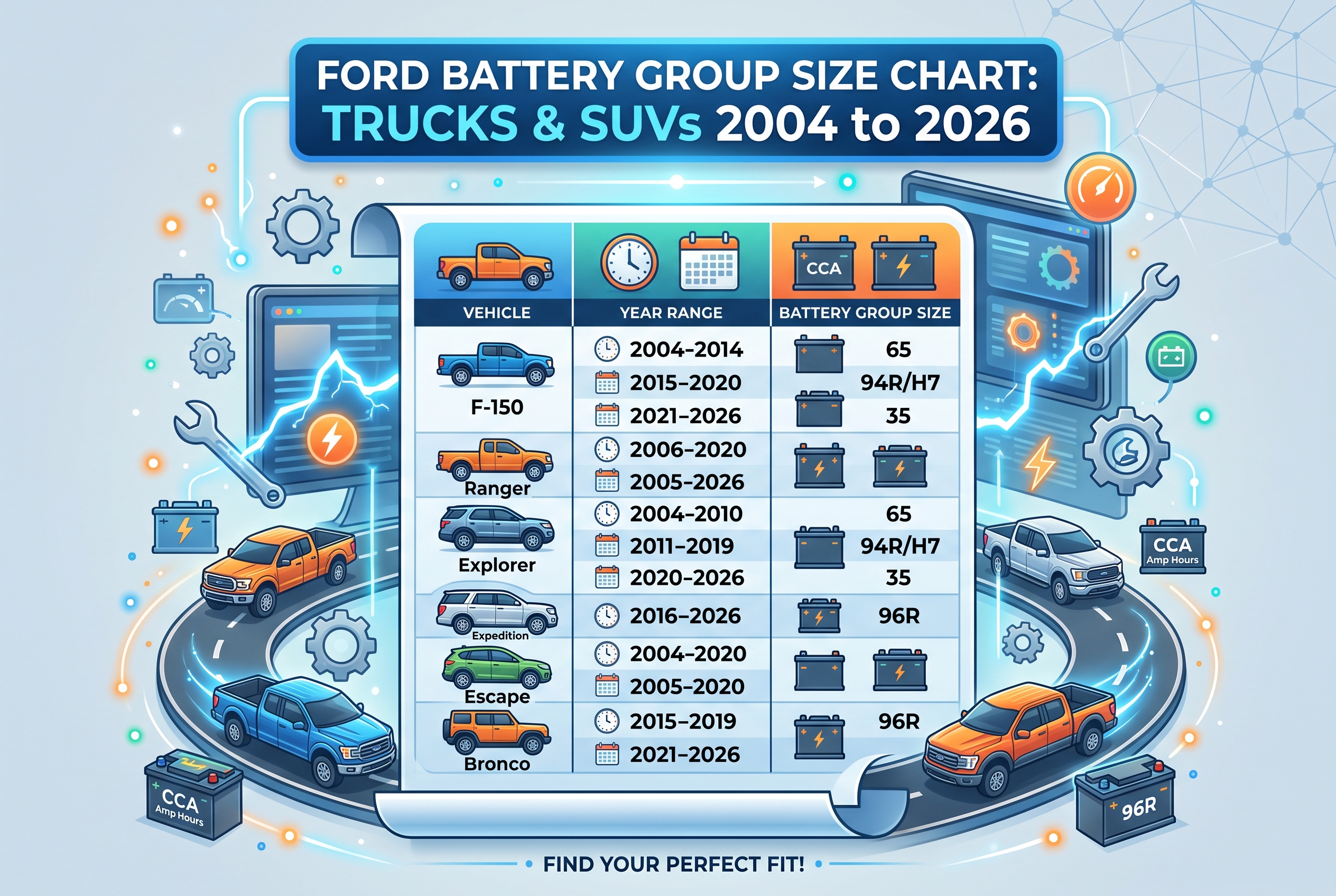Ford Battery Group Size Chart: Trucks and SUVs 2004 to 2026 1 Ford Battery Group Size Chart: Trucks and SUVs 2004 to 2026